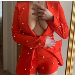 Red Short Suit Set With Pearls 