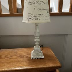 2 lamps Vintage 21” tall dark bronze candle stick style tables lamp with dried leaf shade, Pier1 vintage white wood 18” high inch lamp. 