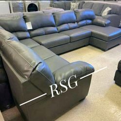 U Shape Sectional Couch With Chaise, 3 Piece Large Sectional Faux Leather Material 