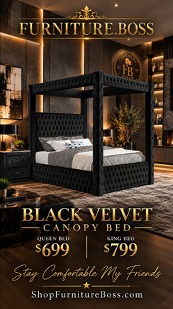 Black Velvet Four-Post Canopy Bed