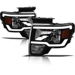 0287y (contact info removed) Crystal Headlights With White LED Light Bar - Black Amber Fits 2009-2014 Ford F150 Halogen Models 