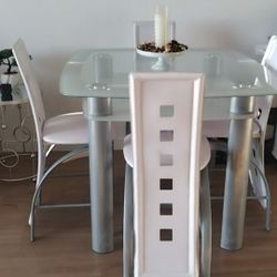 Modern Glass Top Dining Table Set – 4 Chairs (White & Silver)