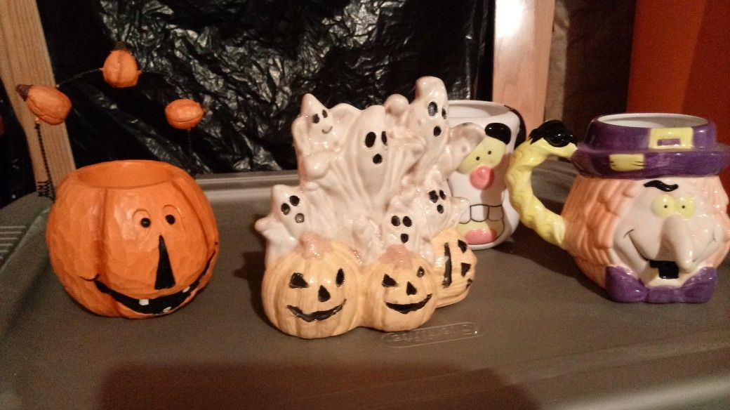 Halloween Ceramic Ghost, Wooden Pumpkin & Mugs