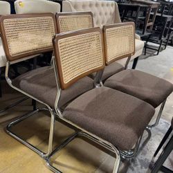 🔥Brown Rattan Dining Chairs Set of 4,Wooden Mid-Century Modern Kitchen Chairs, Mesh Back Cane Dining Room Chairs, Cesca Chair with Metal Chrome Legs 