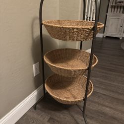 3-Tier Woven Basket Tower – Metal Frame (Great Condition)