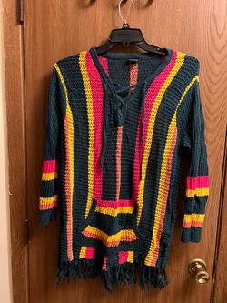 torrid green Knit Lace-Up Pullover with yellow & Orange stripes.