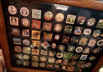 SOCCER collectible, assorted 1990s - 1997 Pins (68total) and a glass wood frame