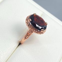 Sterling Silver 14mm Oval Red Garnet Rose Gold Ring - Size 6