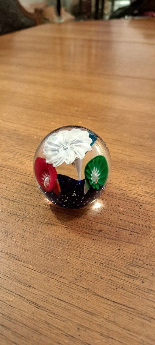 Vintage Murano Style Glass Paperweight Flowered Dome, So Pretty!