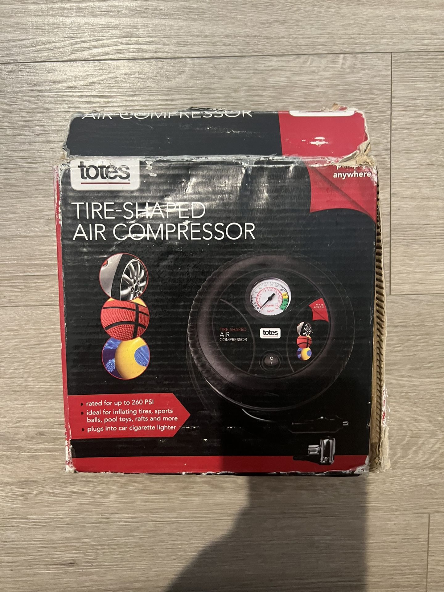 Used Totes Tire-Shaped Air Compressor – All Accessories Included