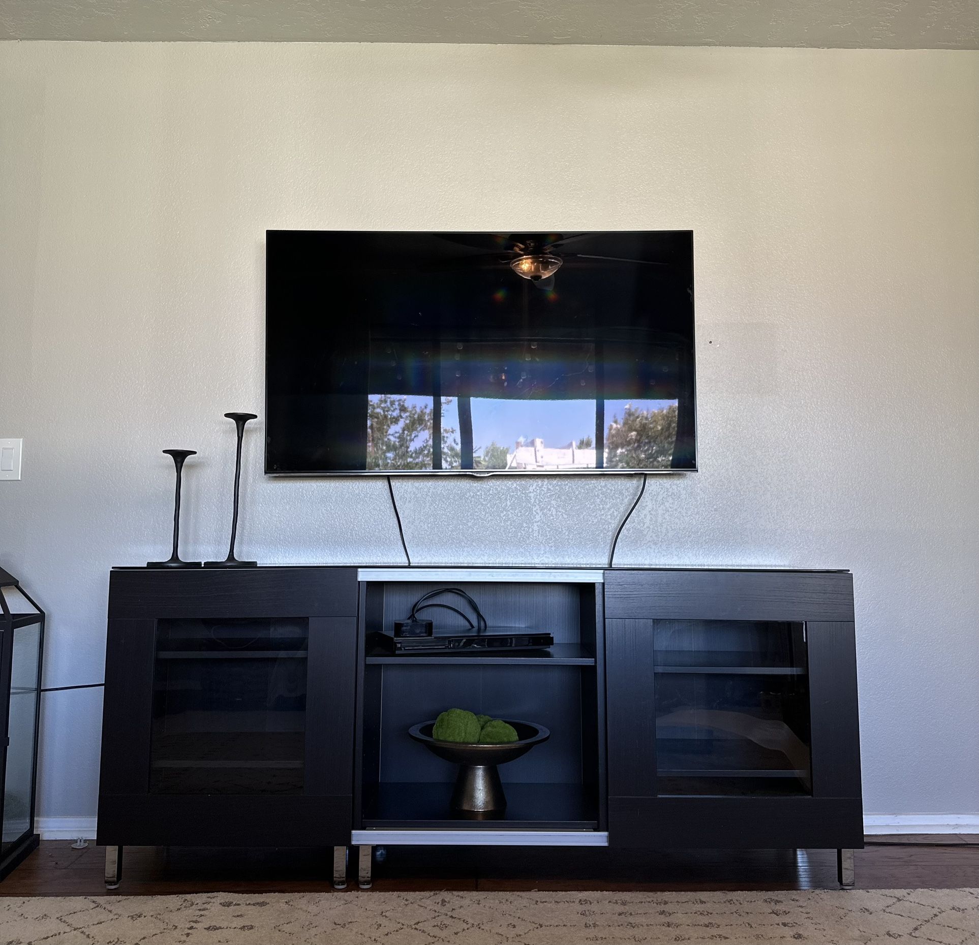 IKEA Entertainment Center With Sliding Doors And Glass Top.