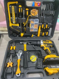 21V 3/8” Cordless Drill Tool Kit w/ 2 Batteries – Complete Home Repair Set