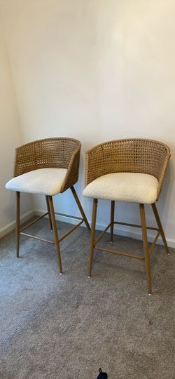Pair of Woven Rattan and Boucle Bar Stools