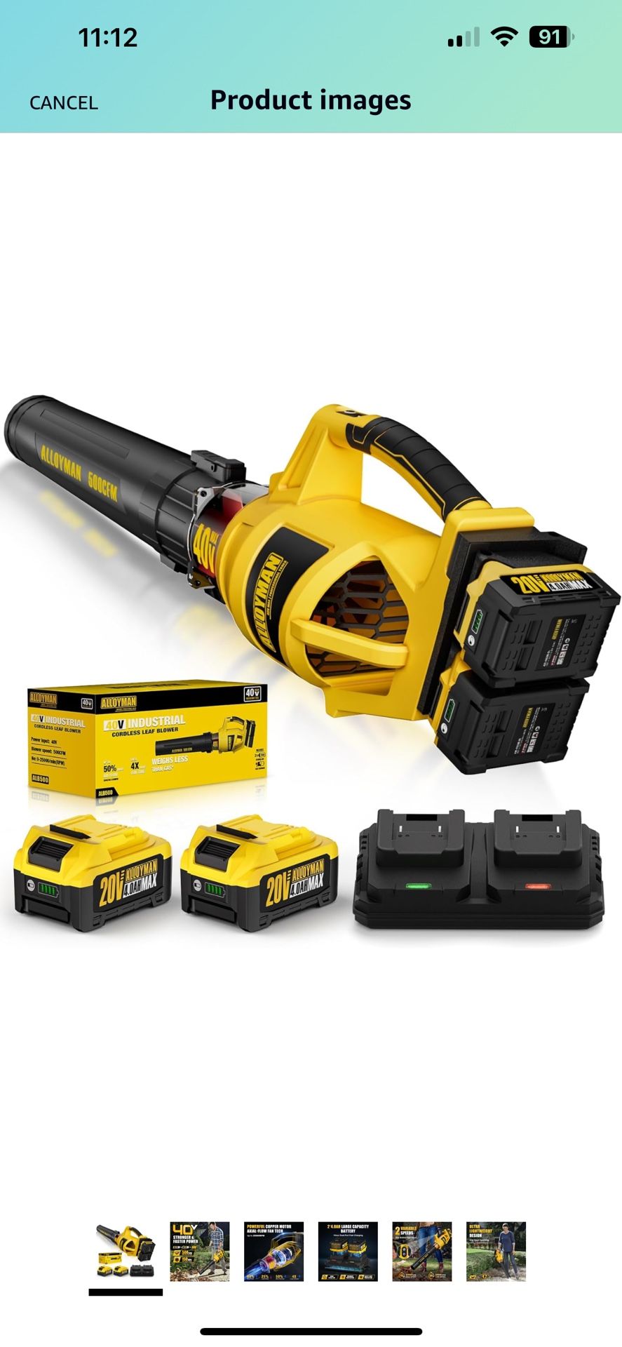 ALLOYMAN 40V Max Cordless Leaf Blower,500CFM Dual Battery Driven Blower with 2 * 4.0Ah Batteries & Fast Charger,2 Variable Speed Lightweight Battery P