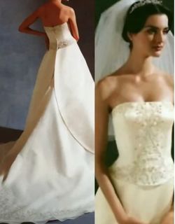 Oleg Cassini Strapless A-line Embroidered Satin Wedding Dress With Organza Train, Size 6