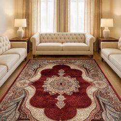 8x10 Silk Pile Persian Area Rug Red Beige Medallion Design