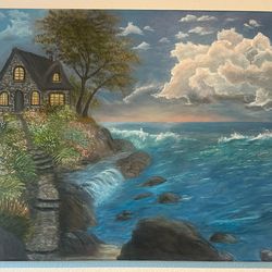 Original Coastal Cottage Landscape Acrylic Painting on Canvas 20 x 24