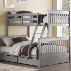 Brand New Grey Twin Over Full Bunk Bed w Trundle Drawers 