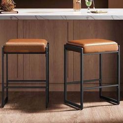 New Mid-Century Modern Set of 2, Counter Height Bar Stools, Synthetic Leather, Caramel Brown