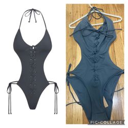 Skims Track Signature Swim Monokini Swimsuit Lace Up Gunmetal Gray Size 3X NWT