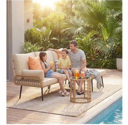 3-Piece Outdoor Patio Furniture Set, All-Weather PE Wicker L-Shaped Conversation Sofa with Thick Cushions & Glass Table, for Backyard, Porch, Balcony,