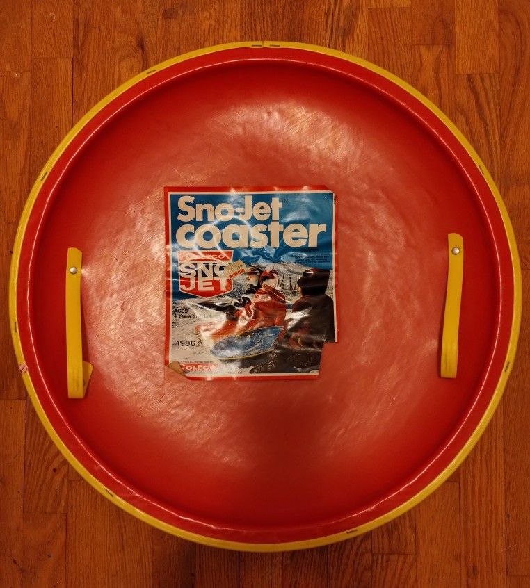 Vintage Sno-Jet Coaster snow sled disc, Coleco Toy Co., red/yellow, 24"