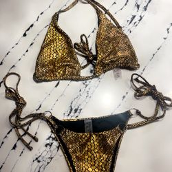 Gold and Black Snakeskin Print Bikini Set
