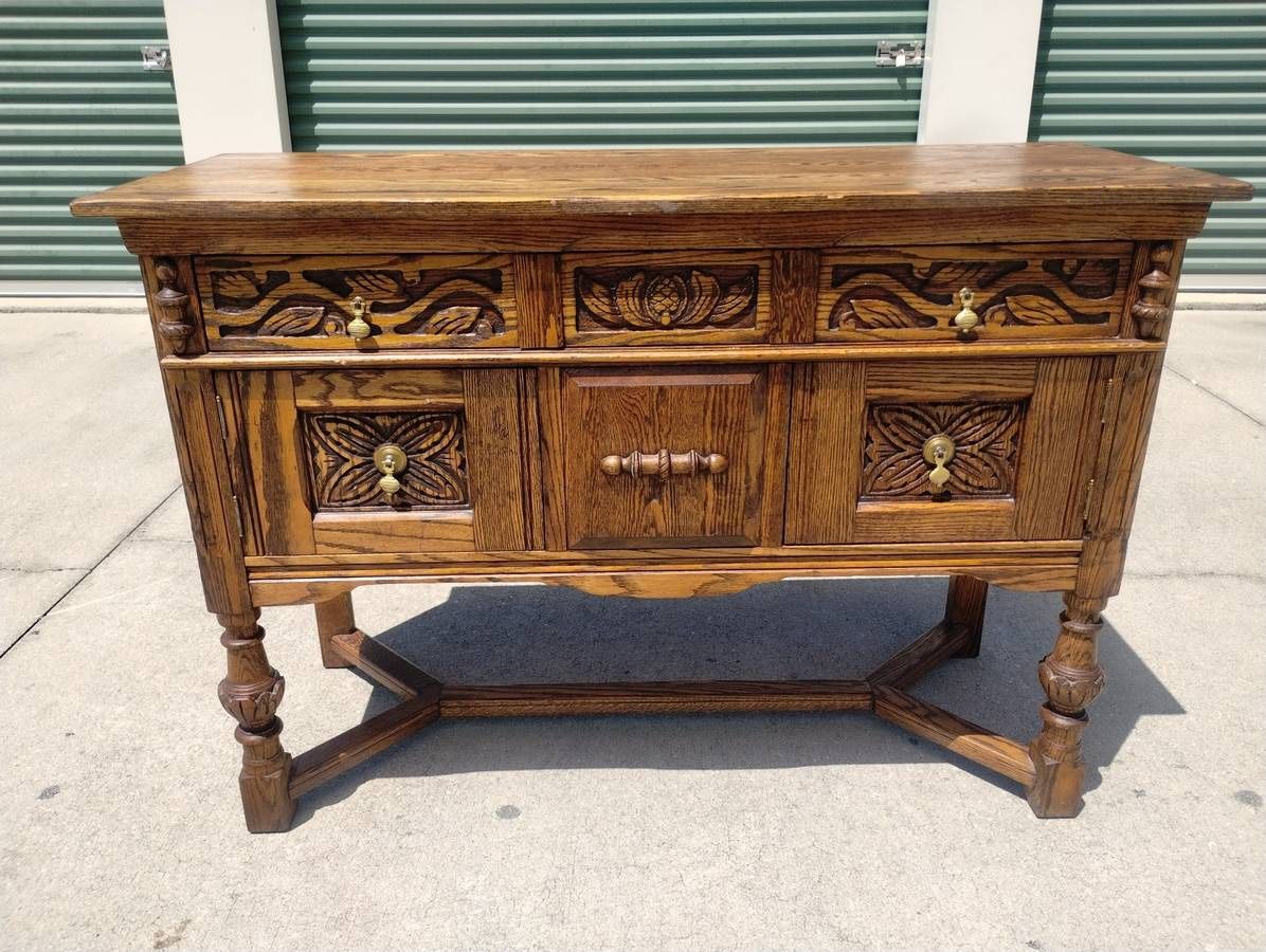 Early 1900's Jacobean Style Quartersawn Oak Sideboard w/Stretcher Base