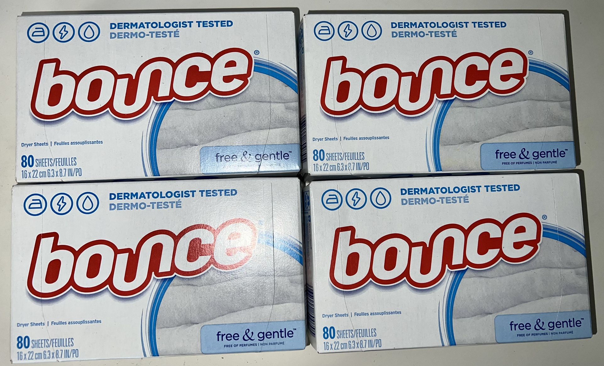 4X Bounce Dryer Sheets Laundry Fabric Softener, Free & Gentle, White 80