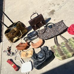 8 Purses, 1 Rolling Bag, 1 Filing Bag, And Misc. Accessories For $20