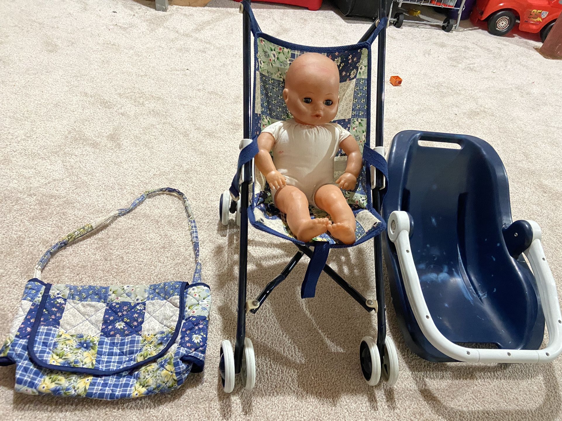 Doll stroller, car seat and diaper bag set for 5$