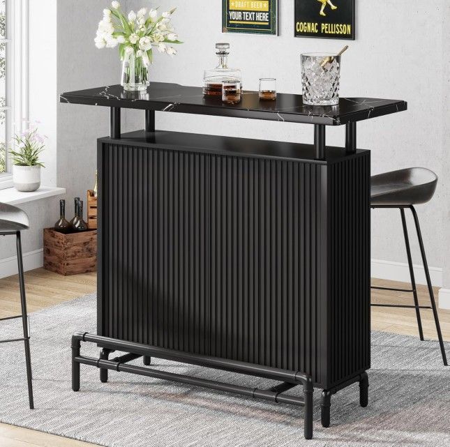 New assembled Home Bar Table with Storage Shelf for Living Room, Modern Industrial Style Black Counter Bar Unit with Sturdy Frame Metal Footrest and F