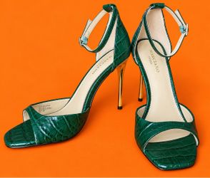 Marciano Women’s Green Croc Leather Open Toe Ankle Strap Heels US 7.5