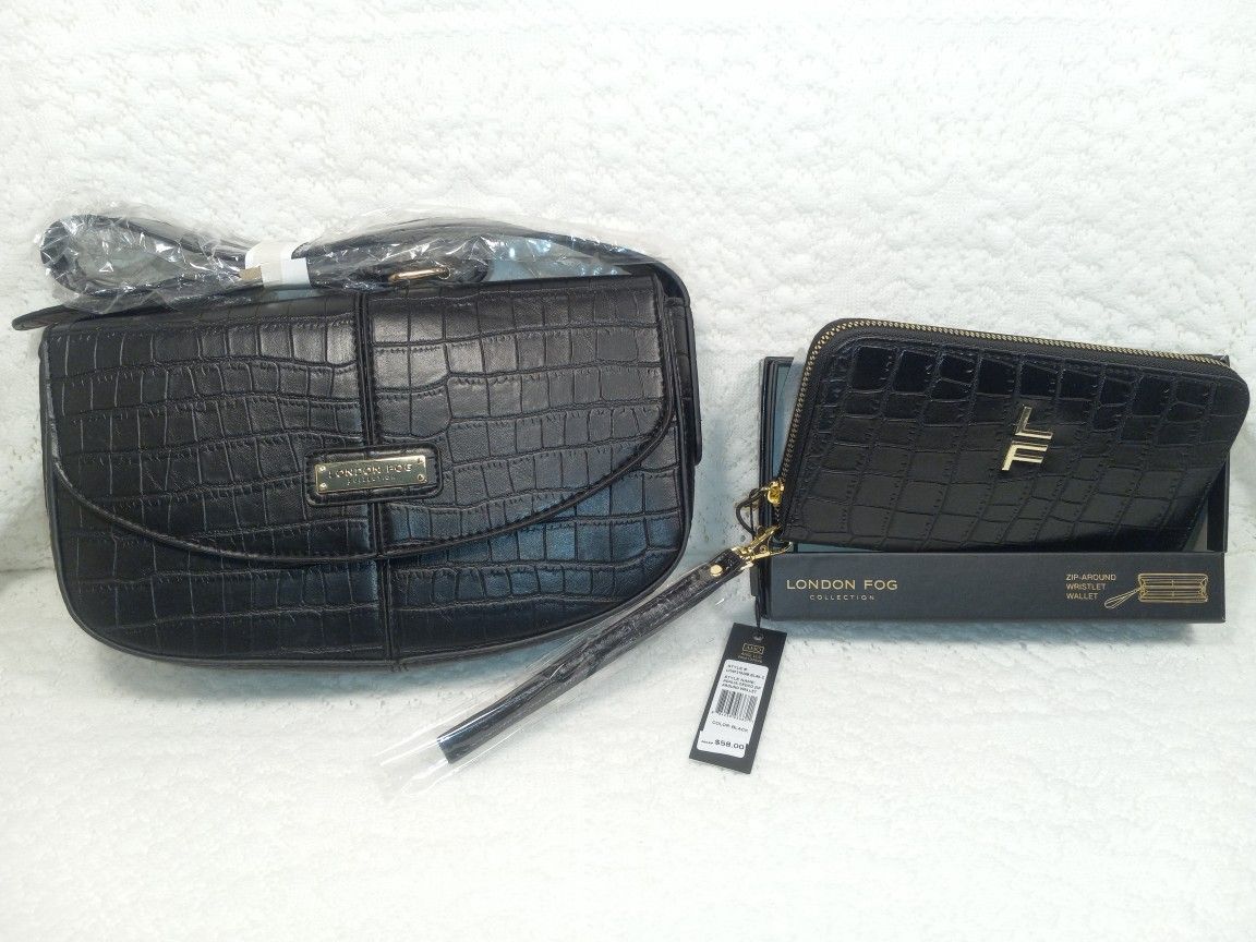 New London Fog Shoulder Bag Astor Croco Purse & Adalia Croco Zip Around Wristlet