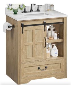 IRONCK Bathroom Vanity with Sink, 30 Inch Bathroom Sink Cabinet with Drawers & Metal Handles, Engineered Marble Top & Ceramic Sink, Soft Close Drawer 
