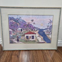 Beautiful Framed Double-matted Jamaican Tahiti Island Life At Sunset Wall Ready