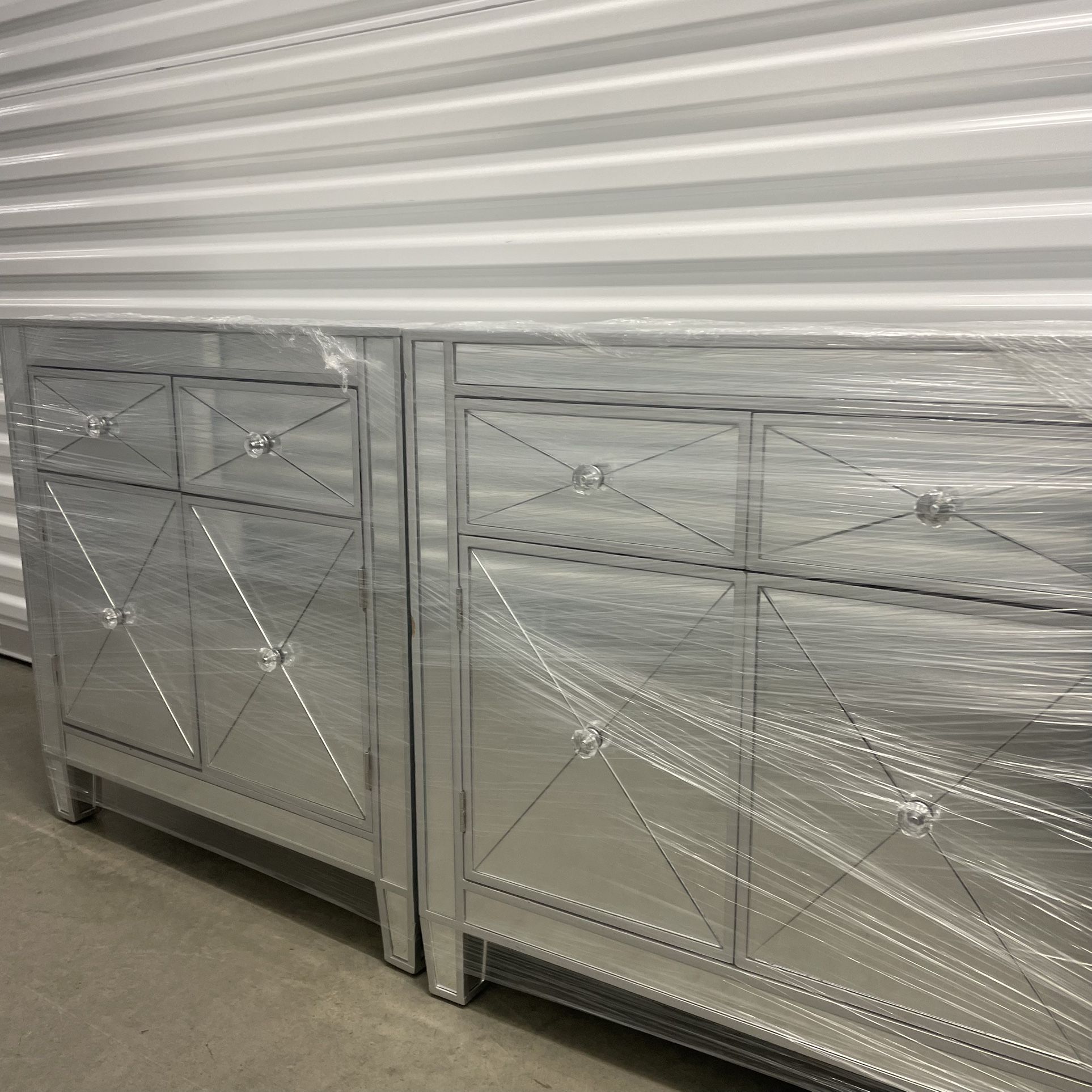 Two Mirrored Nightstands And Full Length Mirror