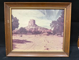 L.A. Franklin Western Desert Photograph – Red Rock Butte & Juniper Trees, Vintage Color Print, Frame