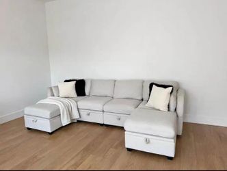 Light Gray Modular Sectional Sofa with Storage Ottomans