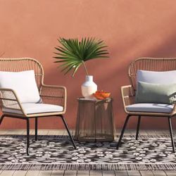3-Piece Wicker Outdoor Bistro Set Modern Patio Table and 2-Chairs with Beige Cushion