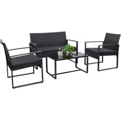 4 Pieces Patio Furniture Set Outdoor Patio Conversation Sets Modern Porch Furniture Lawn Chairs with Glass Coffee Table for Home Garden Backyard Balco