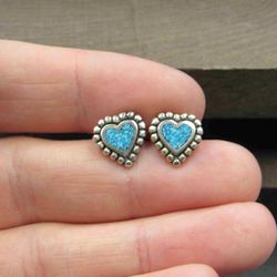 Sterling Silver Cute Turquoise Chip Inlay Heart Stud Earrings