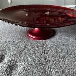 Elegant Red Hammered Looking Pedestal Glass Cake Plate (12.5”rd & 4” High)