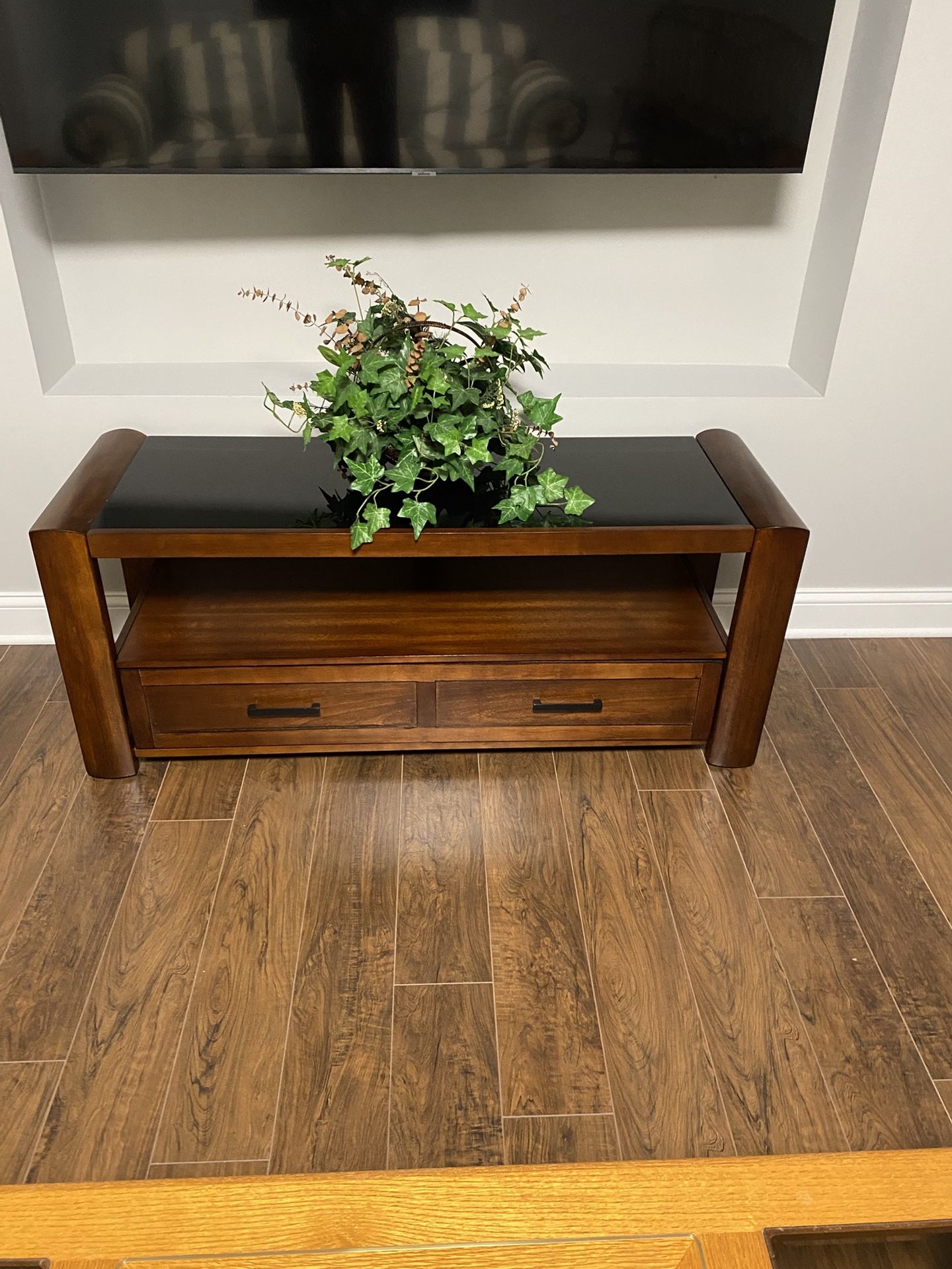 TV stand With Glass Top, Shelf And 2 Drawers
