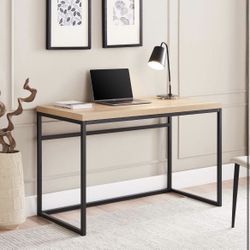Natural Oak Writing Computer Desk, 47 Inch Home Office Desk, Wood and Metal