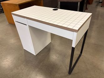 IKEA Micke 2 Drawer Desk in White with Metal U-Shaped Leg and Cabinet Base