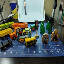 Melissa & Doug Lot Of Wooden Cars, Figures, Train Carts, Accessories 