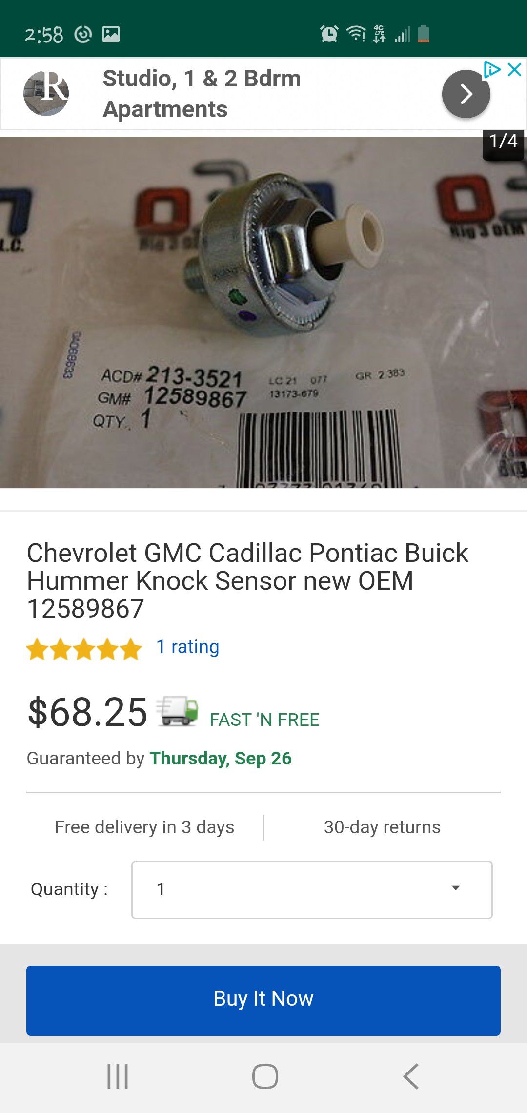Chevrolet GMC Cadillac Pontiac Buick Hummer Knock Sensor new OEM 12589867