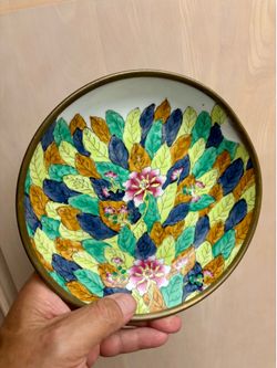 Vintage Japanese "Tobacco Leaf" Pattern Bowl Encased in Brass