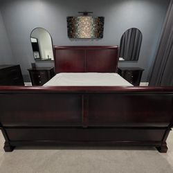 King Size Sleigh Bed Frame with Two Matching Nightstands - Dark Cherry Wood Finish